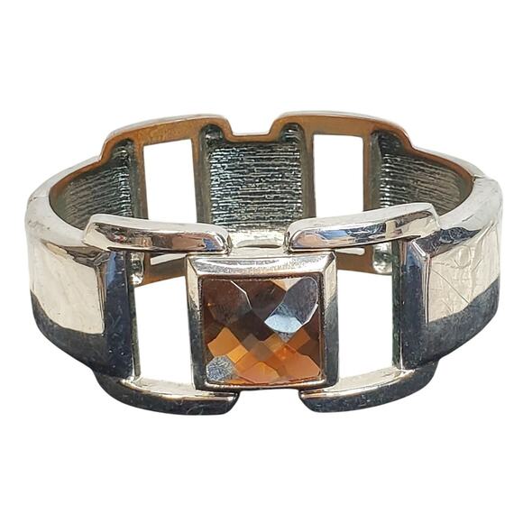 Silver Tone Clamp Bracelet 2" Brown Square Rhinestone - Picture 1 of 6